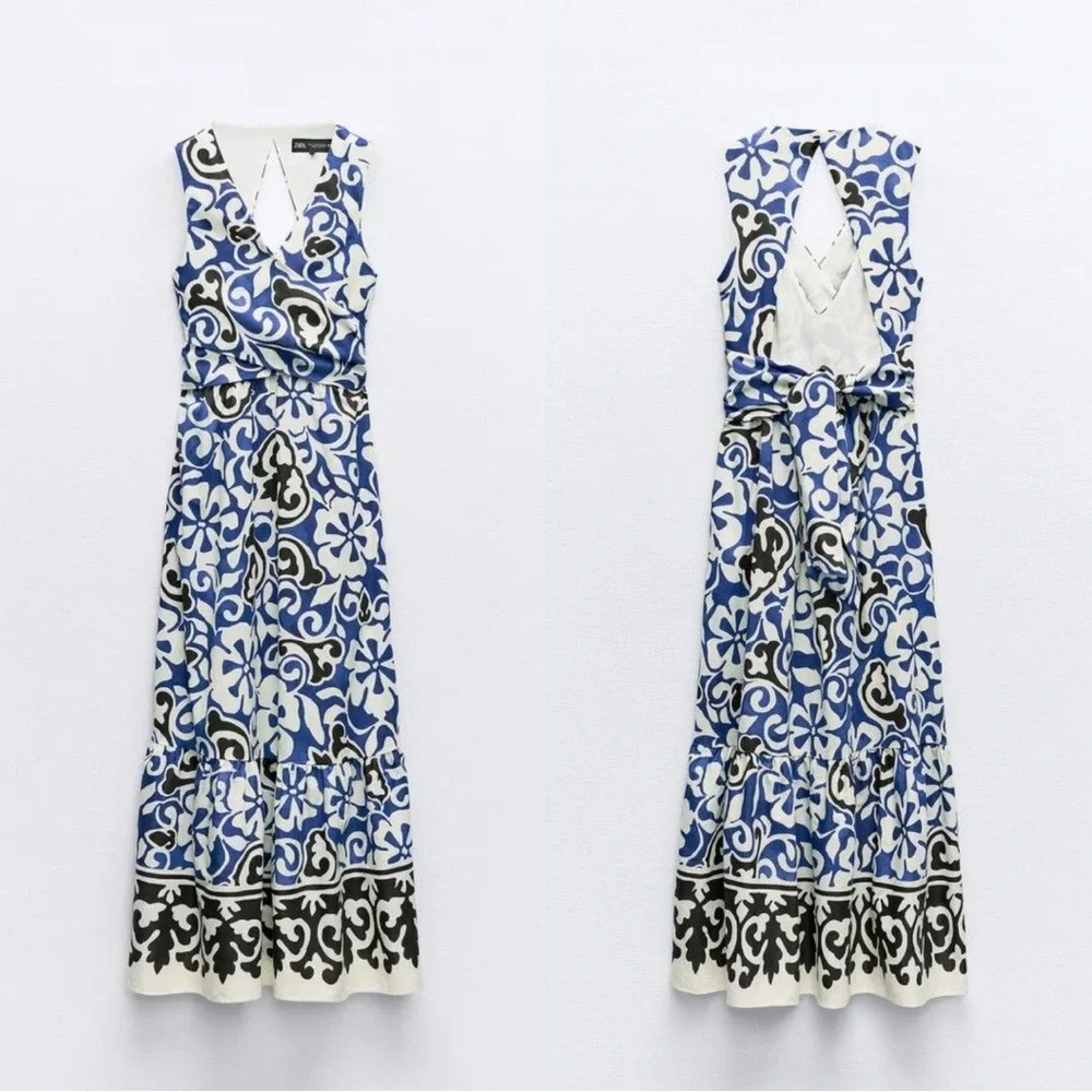 ZARA Blue & Black Floral Midi Maxi Dress w Cut-out Open Back